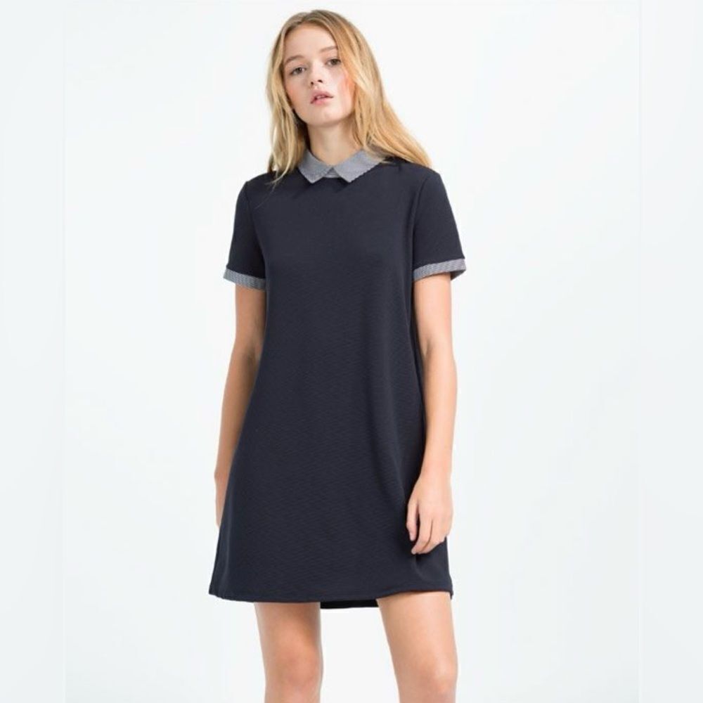 Zara Collar Navy Ribbed A Line Dress - Picture 2 of 9